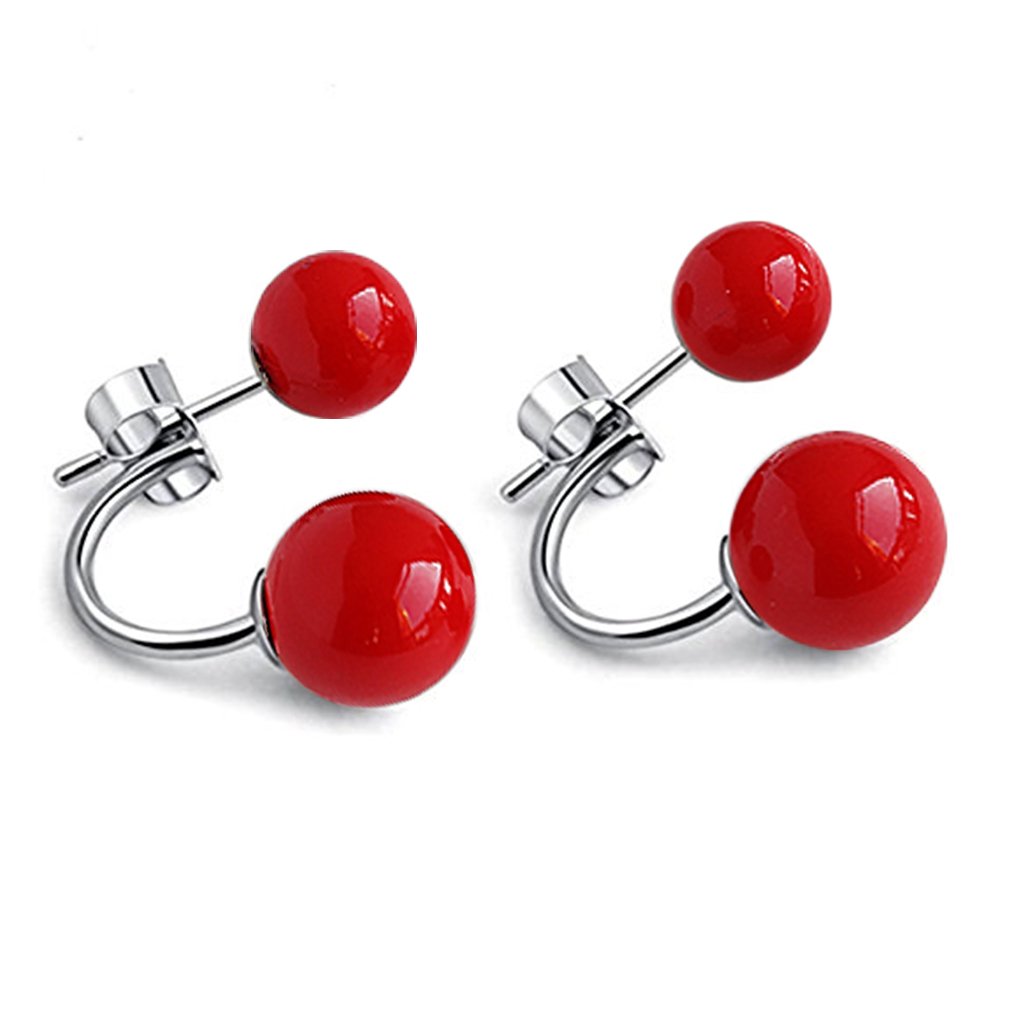 YAXUN 925 Sterling Silver Red Earrings For Women Double Red Coral Pearl Stud Earrings Fashion Jewellery For Ladies Girls