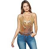 Tchin Sparkly Sexy Sequin Tops for Women Backless Halter Glitter Metallic Chain Crop Top