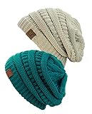 Unisex Trendy Warm Chunky Soft Stretch Cable Knit Slouchy Beanie Skully (Gift Set- Teal & Beige )
