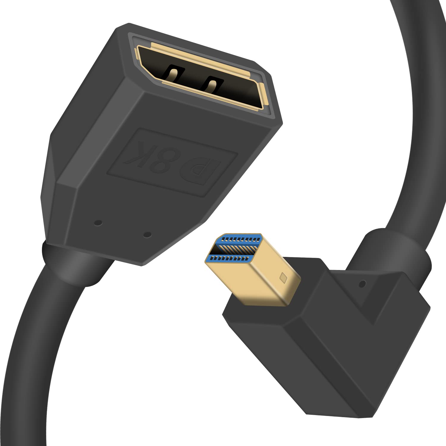 Duttek Mini Displayport to Displayport Cable, 8K Mini Displayport Down Angle Male to Displayport Female Extension 1.4 Cable Bi-Directional Transmission Displayport to Mini Displayport Cable 0.3M
