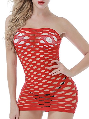 EVAbaby Tight Fishnet Mini-Dress Lingerie One Size Full Bodysuit Chemise Babydoll for Women (Red)