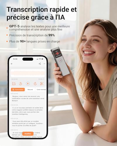 NUASI Enregistreur Vocal IA Dictaphone Numérique avec Transcription, Résumé, 64 Go, 90+ Langues, Enregistrement HD en Un clic, Réduction Intelligente du Bruit pour interviews/Classes/réunions