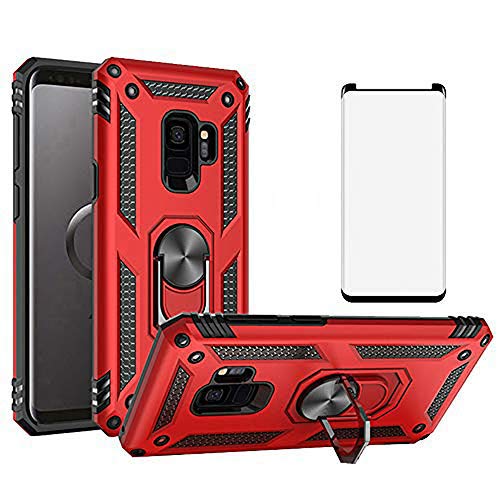 Phone Case for Samsung Galaxy S9 with Tempered Glass Screen Protector Cover And Magnetic Rugged Stand Ring Holder Mobile Accessories Protective Hard Shockproof Bumper Glaxay S 9 9S Edge GS9 Red