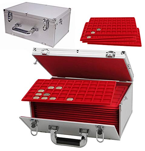 Uhrenhuette Coin case, Aluminium, 15 red inserts for 2 euro coins, Lockable, 2 keys, Dimensions: 350 x 245 x 165 mm
