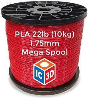 IC3D Red 1.75mm PLA 3D Printer Filament Mega Spool (10kgs) - Dimensional Accuracy +/- 0.05mm - Professional Grade 3D Printing Filament - Made in USA