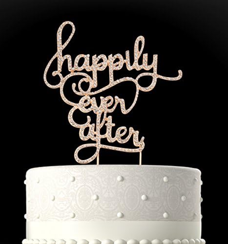 Rubies & Ribbons "Happily Ever After" Gold Metal with Rhinestones Fairy Tale Wedding Cake Topper Party Decoration with Gift Box