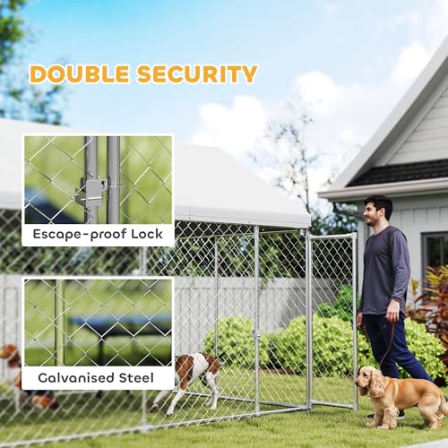 PawHut Large Dog Kennel, 13.1' x 7.5' x 7.8' Walk-in Heavy-Duty | Galvanized Steel Dog Run Chain Link, Safety Latch, Waterproof UV-Resistant Cover, Backyard Farm, Outdoor