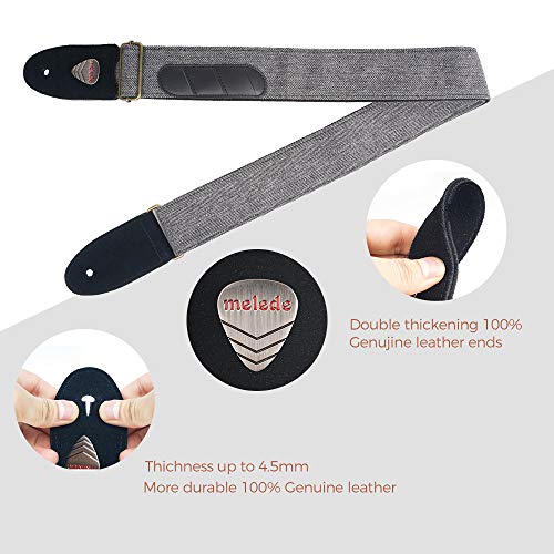 Vintage Tweed Guitar Strap Soft Cotton Genuine Leather Ends Strap with Pick Pocket, 3 Picks Included for Acoustic Guitar, Electric Guitar, Bass, Banjos (Grey/Black)