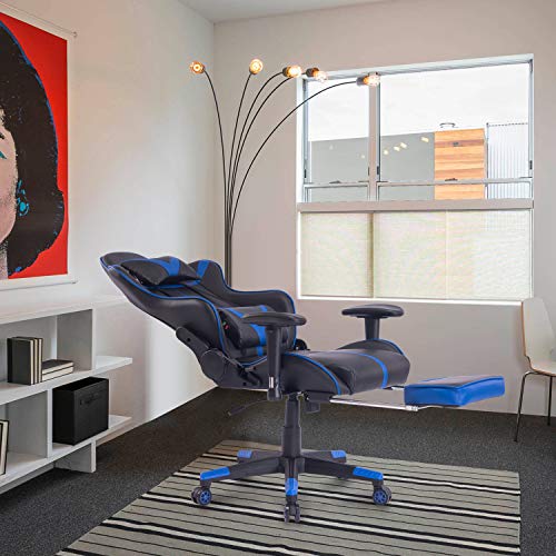 Blue Whale Massage Gaming Chair with Retractable Footrest,Adjustable Massage Lumbar Cushion and Headrest- High Back Ergonomic Leather Racing Executive Desk Computer Office Chair BW192 Blue - Thumbnail 6