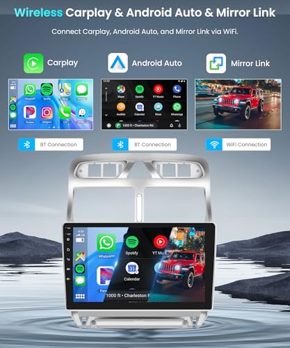 4G+64G Car Radio for Peugeot 307/307CC/307SW 2002-2013 9 Inch Android Radio with Carplay Wireless Android Auto Mirror Link GPS Navi Bluetooth WiFi/FM/RDS/EQ/SWC/USB Steering Wheel Controls Rear View Camera