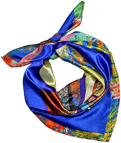 StarGo Silk Feeling Smooth Scarf Women’s Fashion Pattern Large Square Satin Headscarf Headdress Hair Wrapping Scarf Neckerchief 35 x 35 inches (Flower-blue)