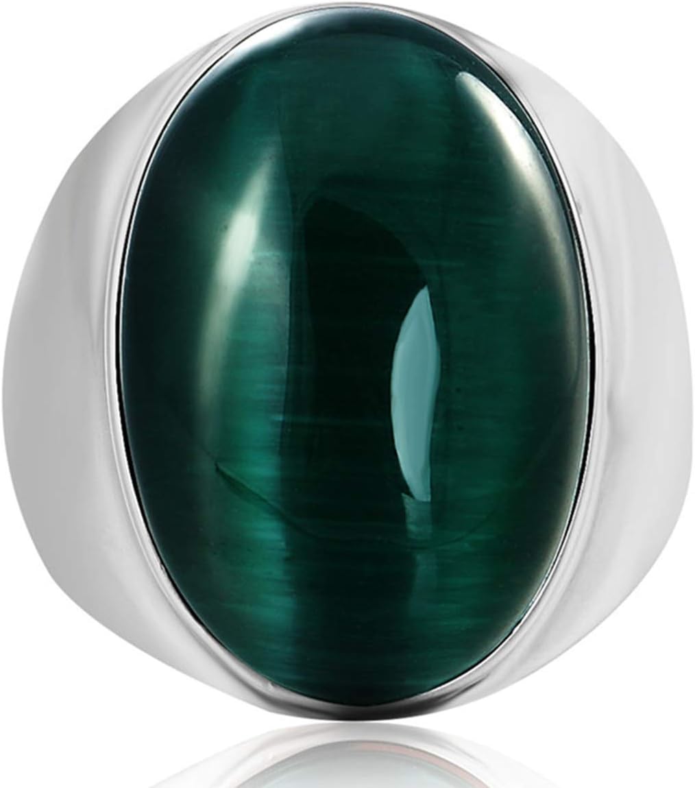 YandMe Jewelry Stainless Steel Men's Signet Oval Cat's Eye Gemstone Opal Rings Vintage Wedding,Silver