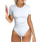 OQQ Women's Crew Neck Short Sleeve Bodysuit Ruched Stretch Vacation Basic for Tops Spring & Summer