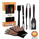 Yukon Glory YG-1455 Grill Tools Premium 5 Piece Grilling Utensils Kit, Durable Steel Tongs, Gloves, 3 In 1 Spatula, Flipper Fork, And Cleaning Brush, Signature Edition Gift Set, Black