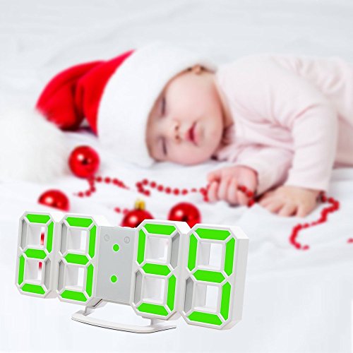 LED Digital Alarm Clock For Desk / Shelf / Tabletop, Modern Home Decoration 3D Wall Clock, Easy To Read at Night, Loud Alarm and Snooze, Big Digit Display (White Frame, Green Light) - Thumbnail 5
