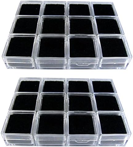 24 PCs of GEM DIAMOND DISPLAY BOX JAR STORAGE 3x3 cm CLEAR BLACK PLASTIC SMALL PIECE