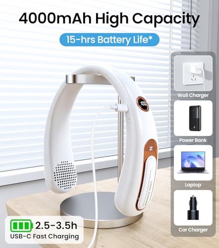 Neck Fan, Bladeless Portable Neck Fan, 4000mAh USB Rechargeable Face Fan, 3 Speed Personal Cooling Fan with 360° Airflow - for Hot Flashes Home Office Travel Outdoor Sports (White)
