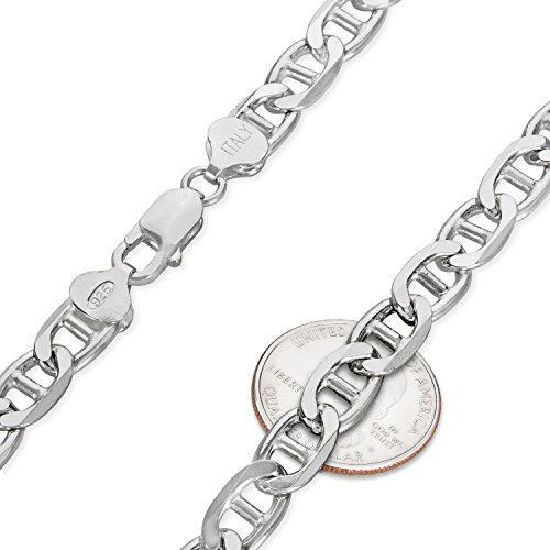 925 Sterling Silver Italian Crafted 8mm Beveled Flat Mariner Link Chain, 22" + Bonus Polishing Cloth