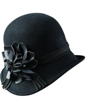 WOOL FELT CLOCHE WITH FAUX LEATHER FLOWER