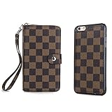 iPhone 6+ Case, iPhone 6s Plus Wallet, Inside Cover Can Be Removed From Wallet, With Multi Card Holders, Hand Strap, Brown Checker, For Men Guys, Premium High Quality, Multipurpose Bag, Classy Design