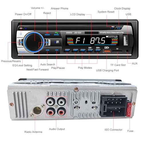 Car Radio Bluetooth 5.0, 4 x 60 W 1 DIN FM Car Radio with Hands-Free Function, Stereo Sound with Clock/Remote Control/Double USB/LCD Screen, Supports 2 USB/AUX/SD/TF/EQ/DSP
