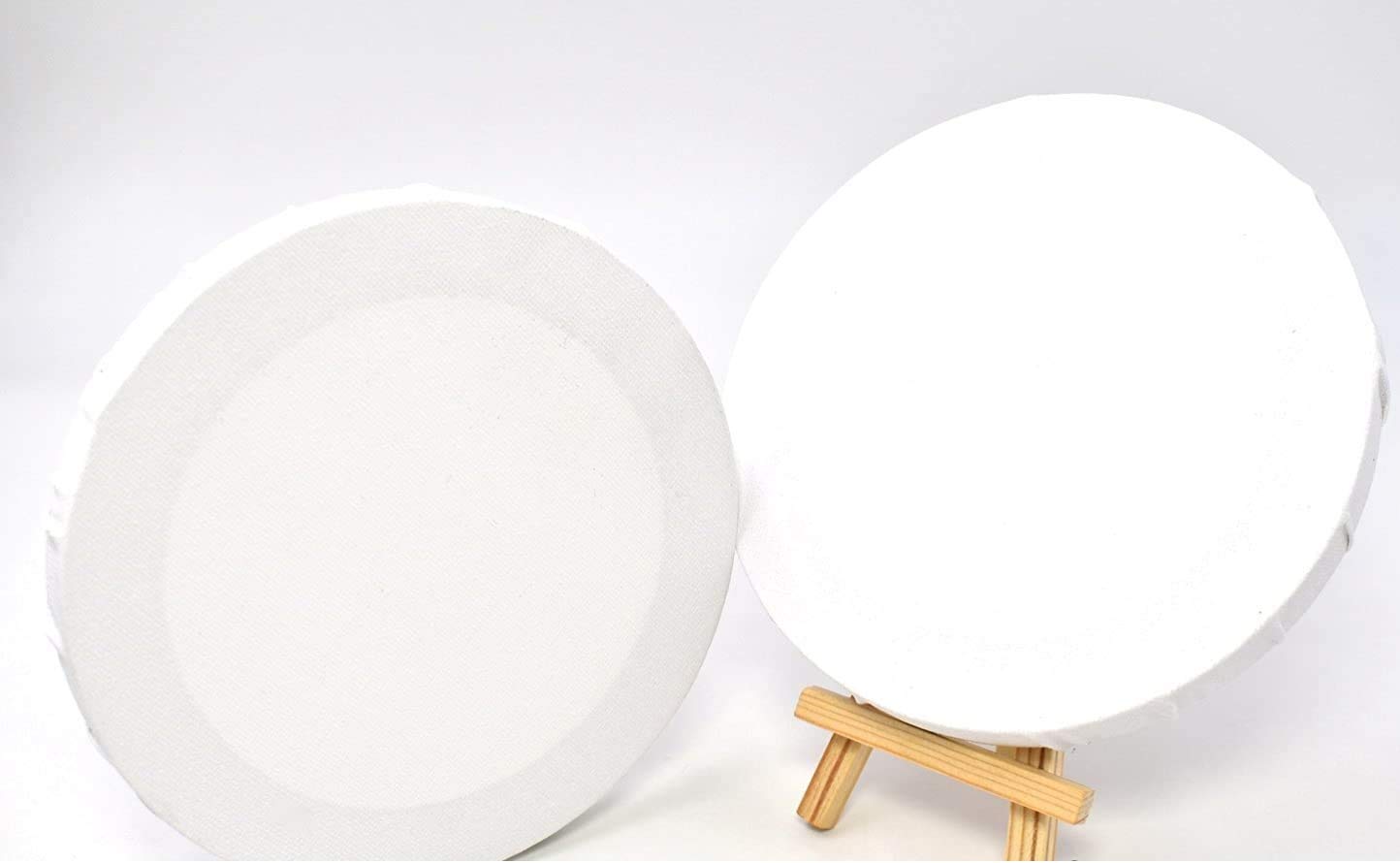 RayLineDo® Set of 2pcs Mini Round Shaped Artist Blank Canvas Frame 6inch (15cm) Oil Water Painting Board Flat Canvas with 1pc Mini Wood Display Easel