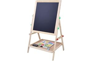 TIKATARER 2 in 1 Double Side Baby Kids Child Standing Art Wooden Drawing Board, Rollover Proof Adjustable Art Easel with 2 Ch