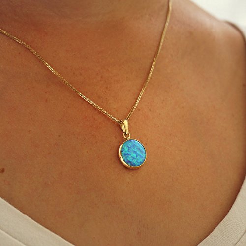 14k Solid Yellow Gold Necklace with Blue Opal Gemstone