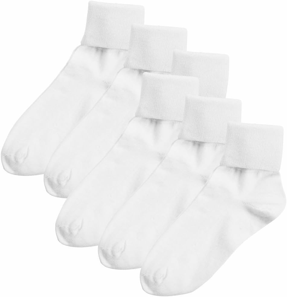 Women's Buster Brown 100% Cotton Fold Over Socks - 6 Pair Pack White L