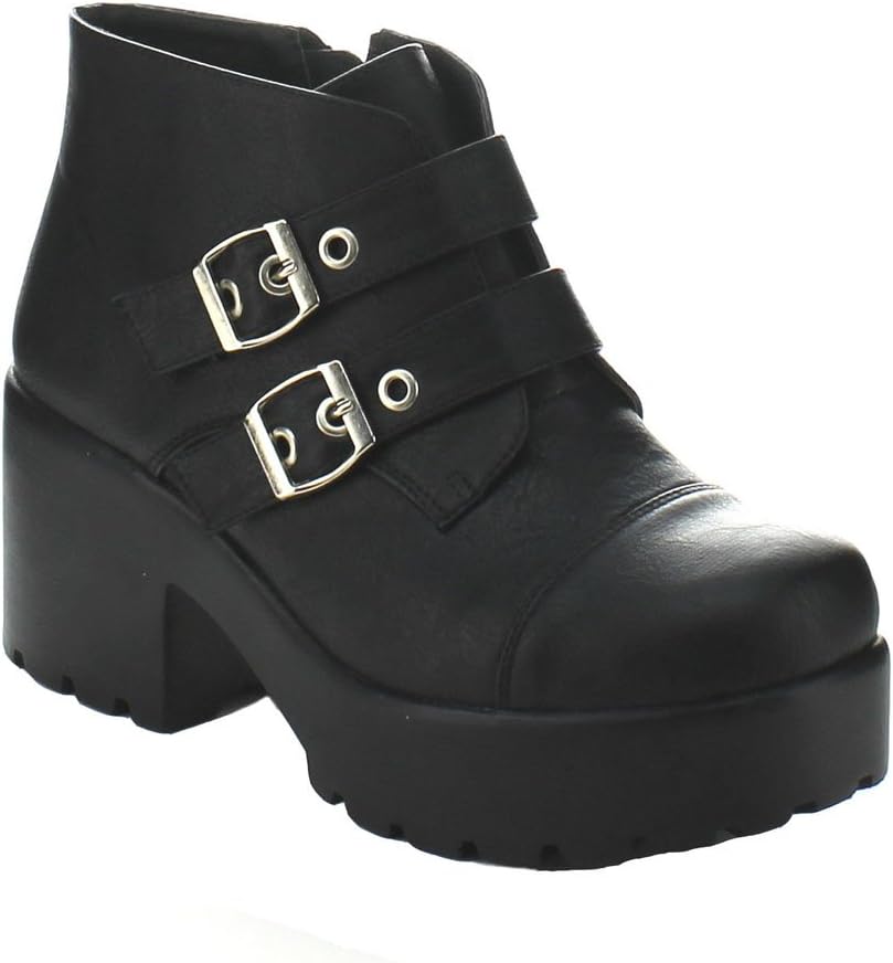 X2B Hayden-3 Women Round Toe Buckle Strap Side Zip Platform Chunky Ankle Booties