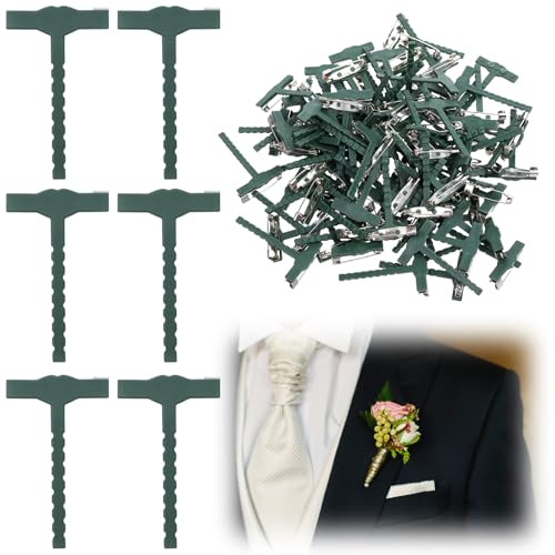 100 Pcs Plastic Boutonniere Safety Pins for Men Corsage Pin Kit, T-Shaped Corsage Pin, Wedding Buttonhole Flowers Pins for Wedding DIY Flower Brooch Boutonniere Supplies, Green