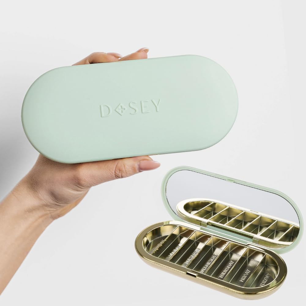 Photo 1 of Dosey 7 Day Pill Compact Travel Pill Organizer - Pill Case with 7 Pill Compartments for Medicine Storage & Protection – Stylish & Elegant Medication Organizer with Mirror, Sage