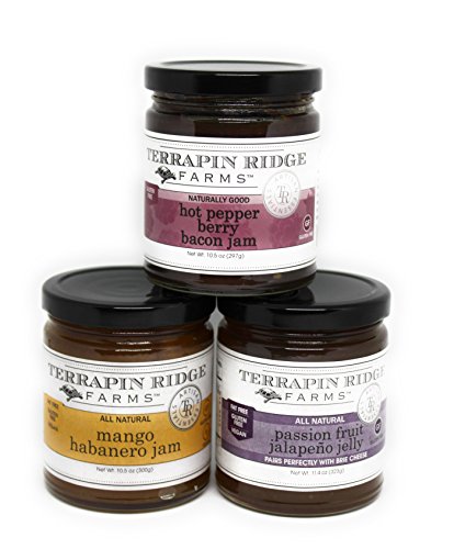 Terrapin Ridge Farms Sweet & Spicy Gourmet Jam Sampler Pack Set of 3 Jars with Recipe Cards - Hot Pepper Bacon Jam - Mango Habanero Jam - Passion Fruit Jalapeno Jelly