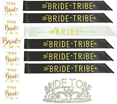 Bachelorette Party 13 Piece Set with 1 Bride Sash, 5 Bride Tribe Sashes, 1 Tiara, 1 Bride Tattoo and 5 Team Bride Tattoos