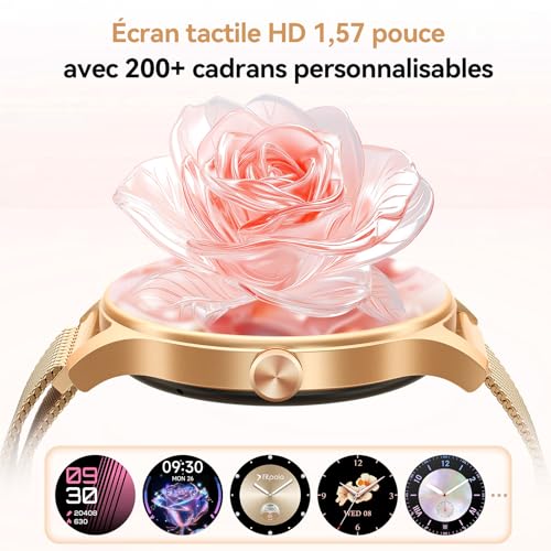 Montre Connectée Femme avec Appel Bluetooth, 1.57" AI Smartwatch avec Fréquence Cardiaque/SpO2/Sommeil Montre, 3ATM étanche 120+ Modes Sport, Fitness Podomètre Compatible pour Samsung Android iPhone