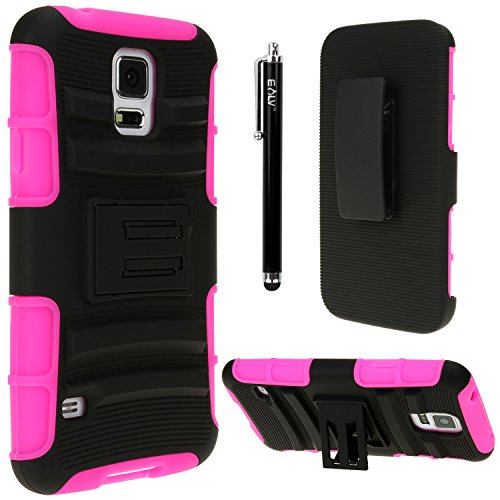 S5 Case, E LV Samsung Galaxy S5 Holster Case Cover Hybrid Full-body Protective with Shock-Absorption / Impact Resistant Bumper, Kickstand and Belt Swivel Clip, 1 HD Screen Protector, 1 Stylus and 1 Microfiber Digital Cleaner for Galaxy S5 / Galaxy SV / Galaxy S V / Galaxy i9600 (Hot Pink)