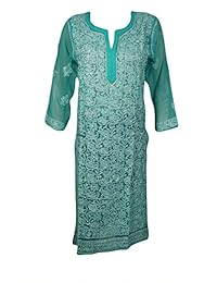 Womens Caftan Tunic Dress Green Embroidered Sheer Georgette Long Kurta S/M
