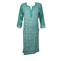 Mogul Interior Womens Caftan Tunic Dress Green Embroidered Sheer Georgette Long Kurta S/M