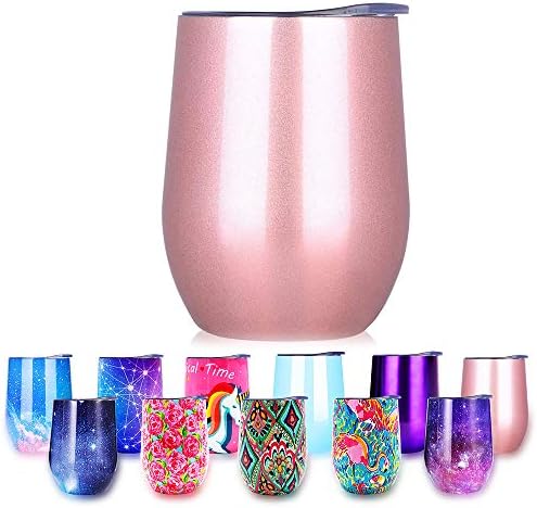 Stainless Steel Stemless Wine Glass Tumbler with Lid 12 oz, Double Wall Vacuum Insulation Travel Tumbler Cup for Wine Coffee Drinks Champagne Cocktails Ice Cream Sweat Free