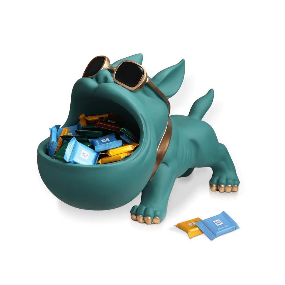 Photo 1 of CUZOKOLA Large Cute French Bulldog Gifts Statue Animal Blue Turquoise Dog Candy Dish Modern Candy Bowls for Office Desk Big Mouth Storage Resin Figurine for Home Decor with Gold Glasses Frame Key