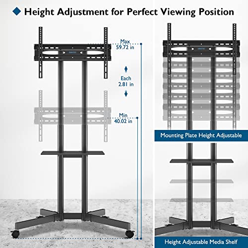 BONTEC Mobile TV Cart, Tilt Rolling TV Floor Stand with Locking Wheels