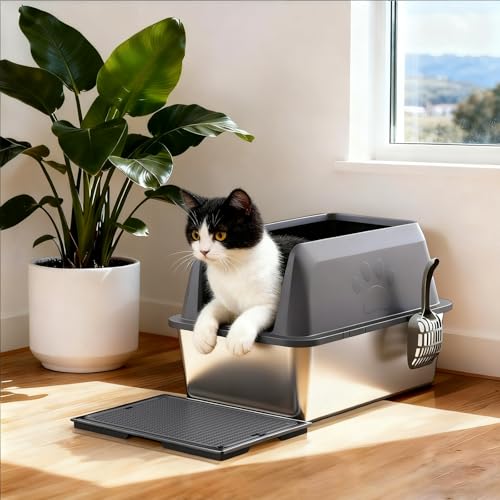ROWIDE Arenero para Gato de Acero Inoxidable XL, Bordes Altos Antifugas con 5 Accesorios: Pala, Alfombrilla, Pegatinas, Cepillo y Bolsas. FáCil de Limpiar, No Se Pega, Apto para Gatos Grandes