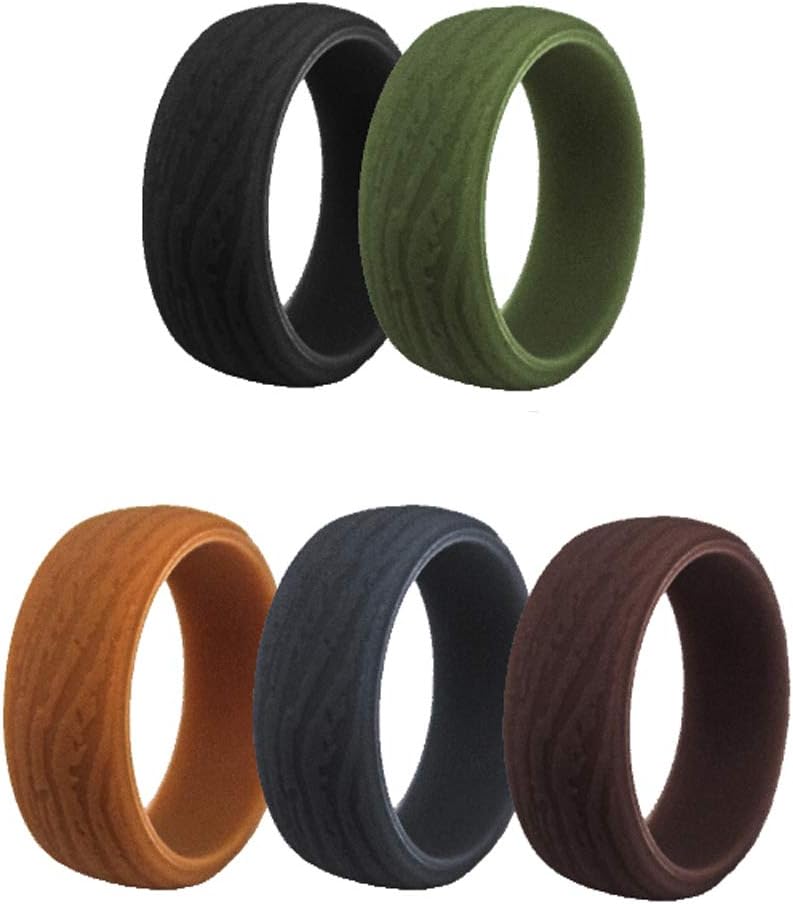 SkullParty Silicone Wedding Ring Band for Men 5 Pack Size 12.5-13 Mens Bark Texture Rubber Wedding Bands Rings 8.7mm Wide - Black, Iron-Grey, Coffee, Olive Green, Earth Tone