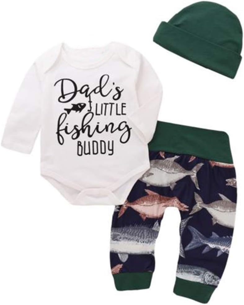 Unisex Baby Long Sleeve Romper Bodysuit Dad's Fishing Buddy Print Sweatshirt Pants Trousers Hat Outfit Clothes