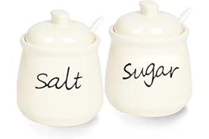 ONTUBE 12oz Sugar and Salt Bowls with Lid and Spoon, Ceramics Condiment Pots,Seasoning Jar Spice Container for Kitchen,Dishwasher Safe (Beige)