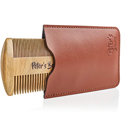 Beard Comb for Men - Wooden Natural Sandalwood Antistatic No Static Dual Action Beard Comb - Fine & Coarse Tooth Perfect for Balms and Oils Includes PU Leather Case - Presented in Cardboard Gift Box