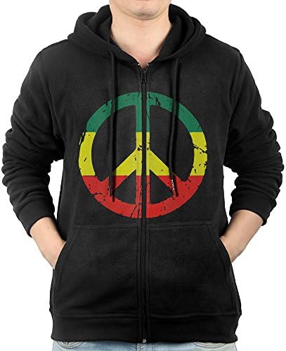 Rasta Peace And Love Mens' Black Long Sleeve Zipper Hoodie Outwear With Pocket XXL