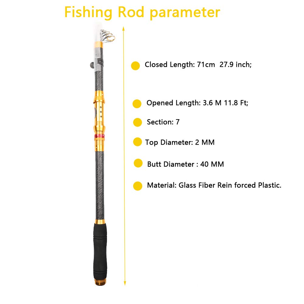 iOutdoor Products Telescopic Fishing Rod 4 Sections 12Feet Longest, Fishing Pole Super Hard Portable Spinning Rod Fast Action Baitcaster for Freshwater Saltwater
