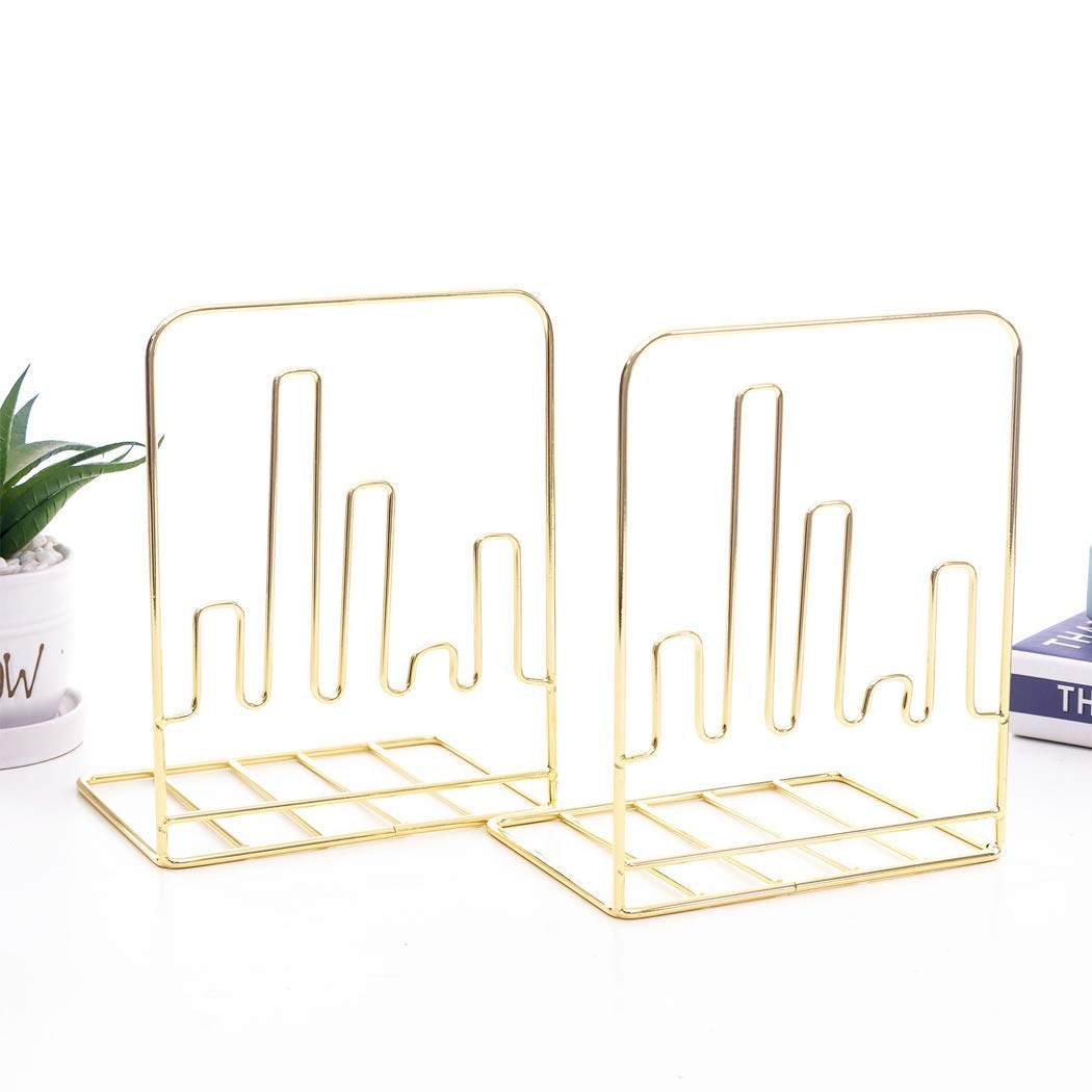 SIPLIV Creative Minimalist Style Bookends Metal Adjustable Books Holder Stand Book Rack Desk Bookend - Heartbeat, Gold
