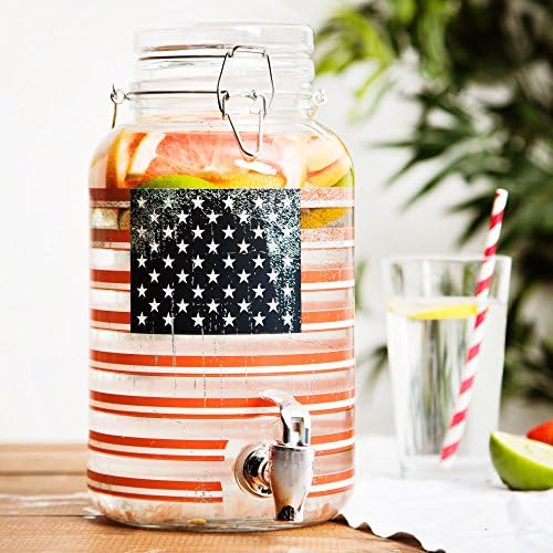 Beautiful and Durable Beverage Dispenser Jug, Vintage American Flag 1 Gallon Drink Dispenser with Easy Flow Spigot For Picnics and Parties